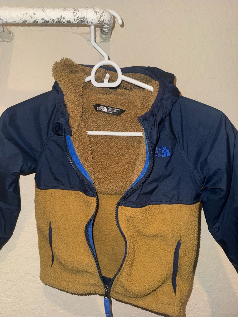 The North Face Toddler Sherpa Fleece Hooded Jacket Blue Tan Full Zip - Picture 3 of 4